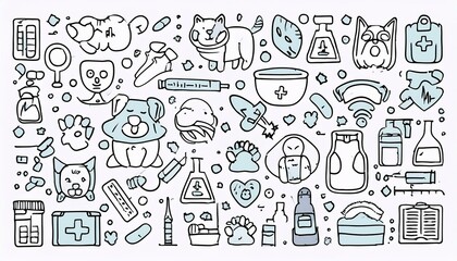 Pet veterinary clinic line icon set. Sick pet, animal, cat, dog for veterinarian sticker template. Doodle line style animal and character. Vector illustration.