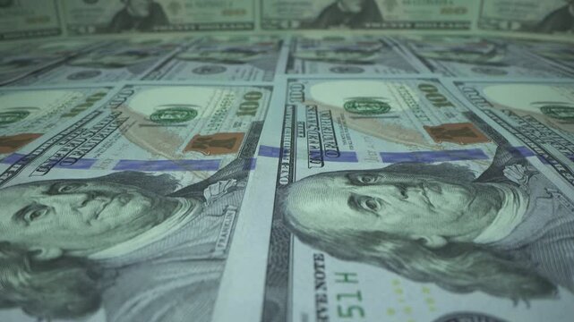 US American Dollar Bills Money - Camera flying Close up over stacked 100 Banknotes, 3D Render