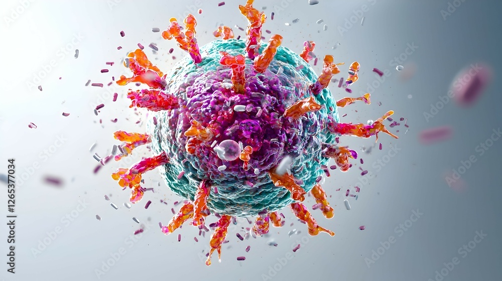 Poster colorful 3d render of exploding virus cell