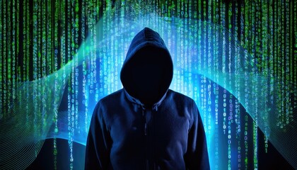 Hooded Figure Stands Before Streaming Digital Code 
