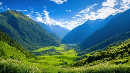 Fototapeta premium Breathtaking panoramic view of a lush green valley surrounded by majestic mountains under a bright blue sky. This serene landscape invites peace and connection with nature.