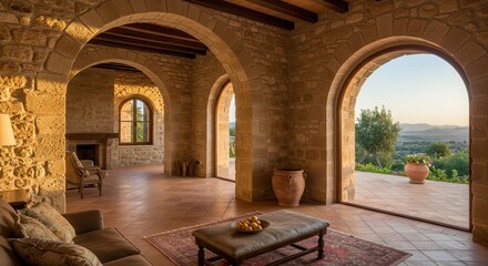 Fototapeta premium Elegant Stone House Interior with Arches and Distant Landscape View
