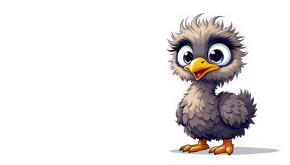 Obraz premium Cartoon Baby Ostrich Character Standing on White Background with Big Eyes for Graphic Resource and Text Overlay Purpose Purpose