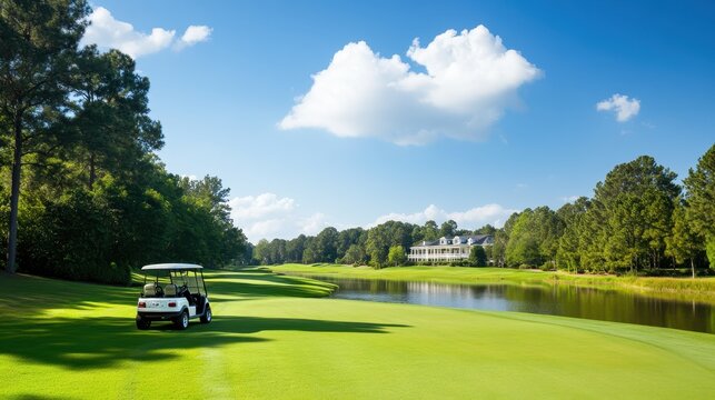 Luxurious Golf Experience - Golf Cart Parked by Pristine Fairway with Premium Golf Clubs