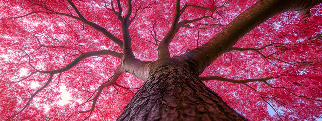 Low-angle view of a tree trunk with red leaves, looking up at the sky
