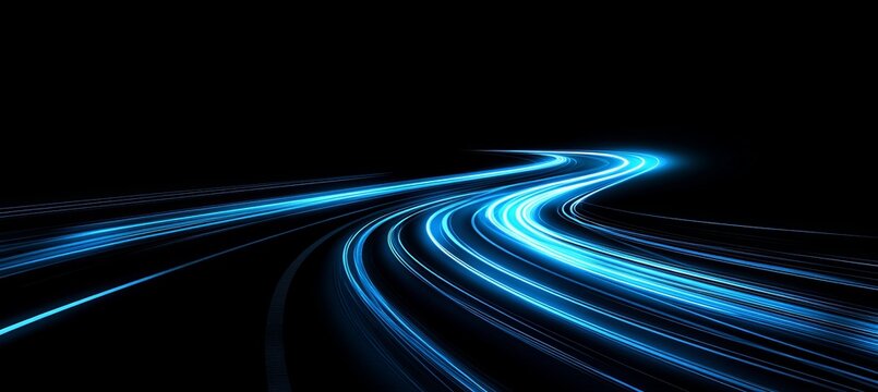 Blue Speed Trails of Light on Empty Road at Night, Long Exposure Photography for Design Element