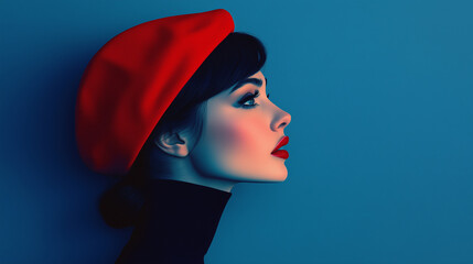 Elegant Stylized Portrait of a Woman in a Red Beret with Bold Makeup and Blue Tones  