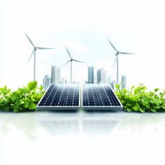 A futuristic cityscape featuring solar panels and wind turbines, surrounded by lush greenery, symbolizing sustainable energy and eco-friendly technology.