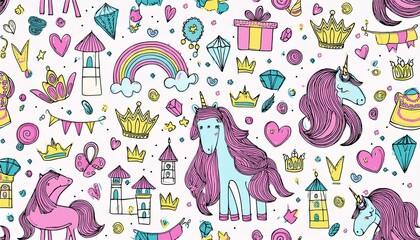 Hand drawn princess doodle seamless pattern. Beauty pattern with cute girl princess accessories, fairy unicorn, castle. Doodle background, wallpaper. Vector illustration.