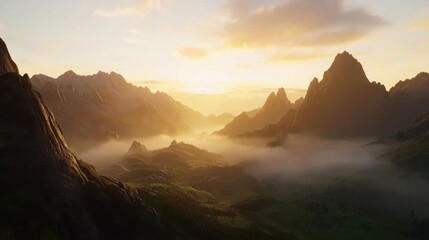 Misty Mountain Range Landscape at Sunrise with Golden Light Hitting the Peaks