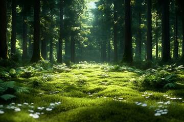 Obraz premium Lush green forest with sunlight filtering through trees, creating a serene, peaceful atmosphere