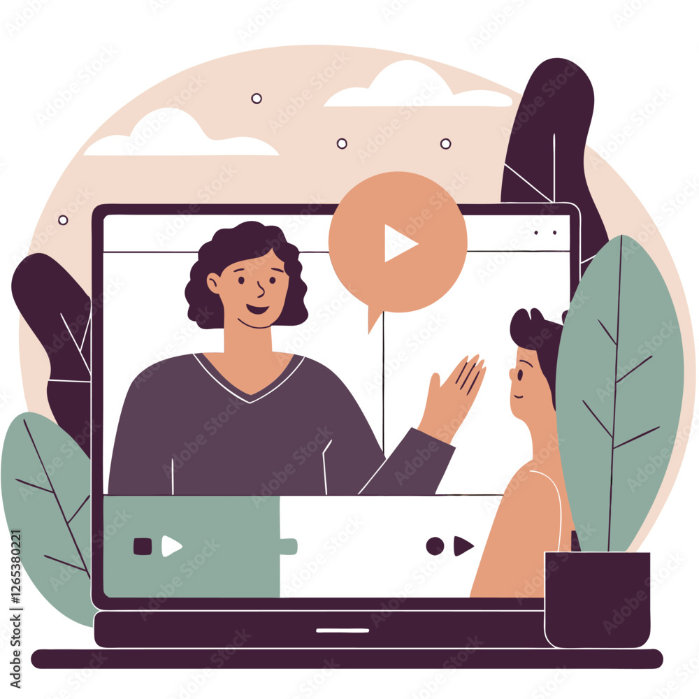 Poster an illustration depicting a diverse group people engaging in a virtual conversation via a computer s