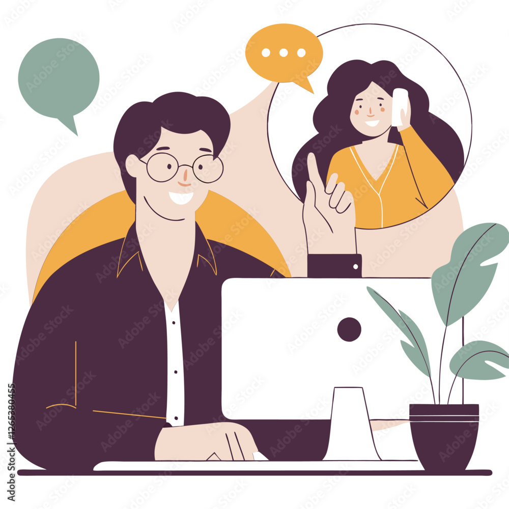 Poster a professional scene showing a diverse group of individuals in a virtual meeting setup, featuring tw