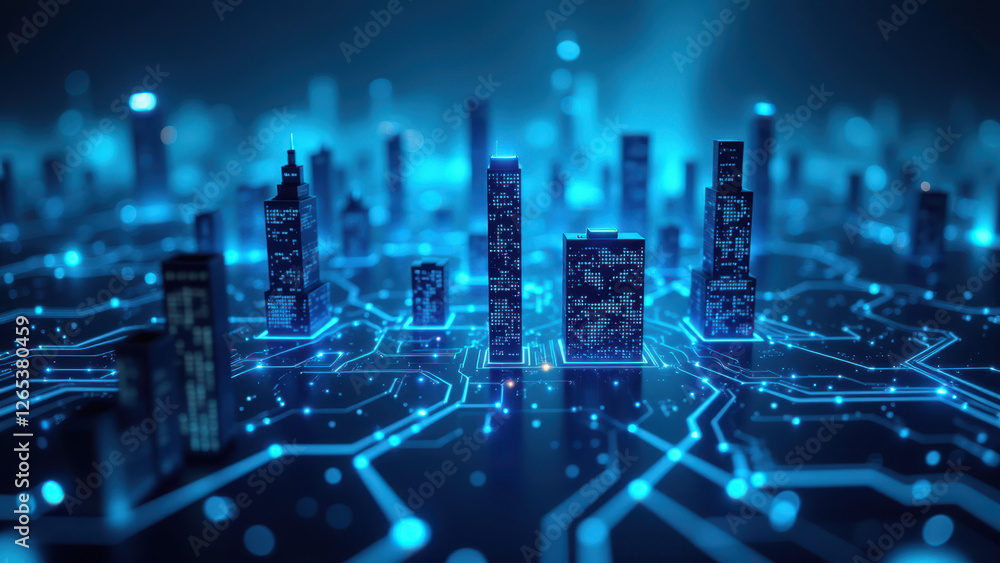 Poster cybersecurity graphic with a cityscape-like design showcasing interconnected technology and security