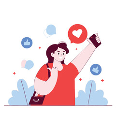 A cartoon-style illustration of a cheerful young person taking a selfie. The individual has light skin and is surrounded by social media icons, depicting interaction.