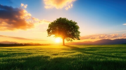 Obraz premium A stunning sunset illuminating a solitary tree in a vibrant green field