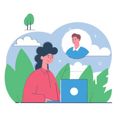 A woman is working on a laptop in a remote setting surrounded by greenery. Designed in a flat, cartoon style. Concept emphasizes a diverse work environment.