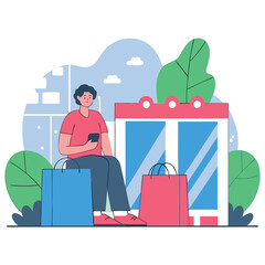 An illustration of an elderly man of Asian descent sitting near colorful bags and plants, set against a simple background. A flat design concept in cartoon style.
