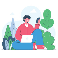 A young person of European descent calmly using a device, surrounded by colorful plants and trees in an illustrative, cartoon style.