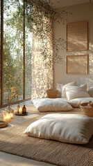 Serene meditation and wellness corner with soft cushions, candles, and natural decor.