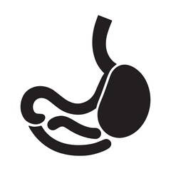This black and white silhouette image depicts a simplified, stylized representation of the human stomach and esophagus.