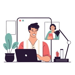 A cartoon-style illustration of a man working at a laptop with some plants. He shares a video call with others, showing a modern work environment.