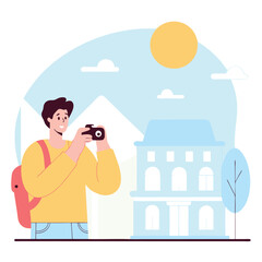 A young European man with light hair holds a camera, capturing a city scene with a historic building and trees in a flat, cartoon style.