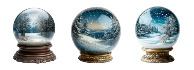 Snow globes featuring winter landscapes with trees, snow, and mountains evoke serene, magical atmosphere. Perfect for holiday decor