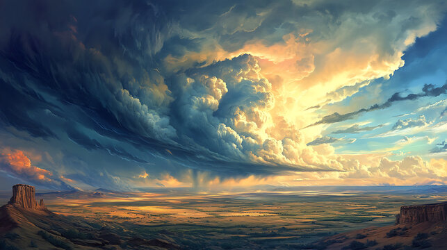 A dramatic supercell thunderstorm forming over a vast landscape, ominous clouds rolling in