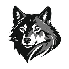 A bold, stylized graphic of a wolf's head in shades of gray and black on a white background.
