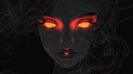 Fototapeta premium Fiery Woman's Face in Dark Smoky Hair