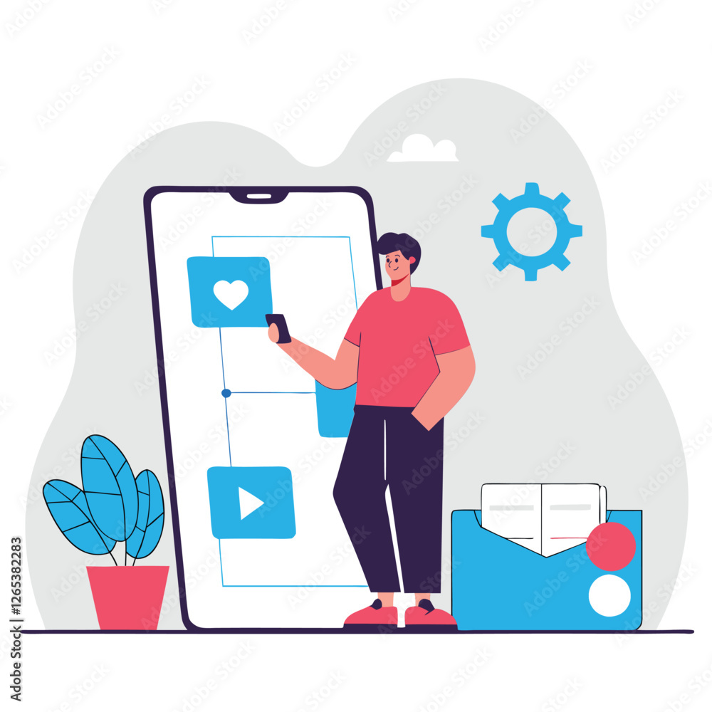 Poster a digital interaction concept showing a man of mixed ethnicity with various media icons on a smartph