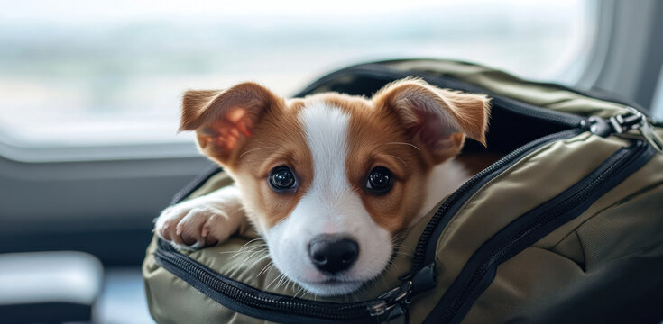 A small puppy relaxes in a travel bag, showcasing its adorable features while travelers prepare for their flight