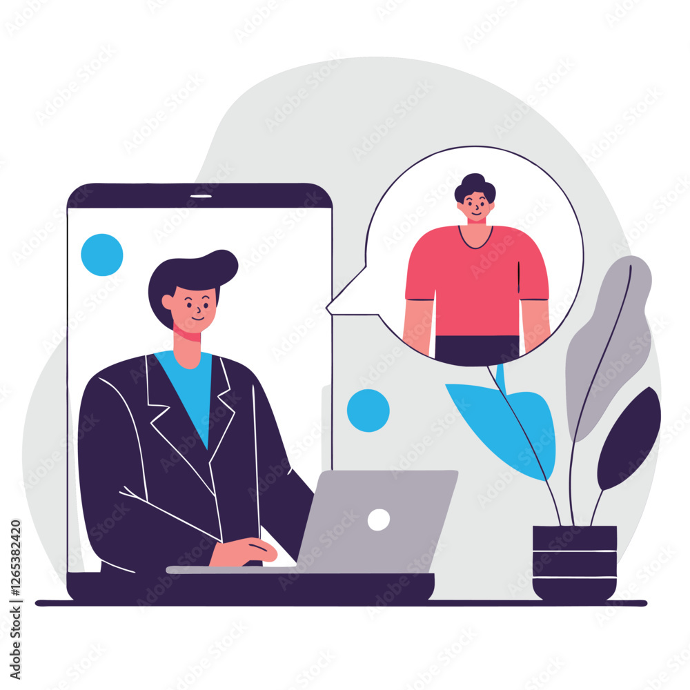 Poster a digital illustration depicting a person in a suit working at a computer, while being engaged in a 