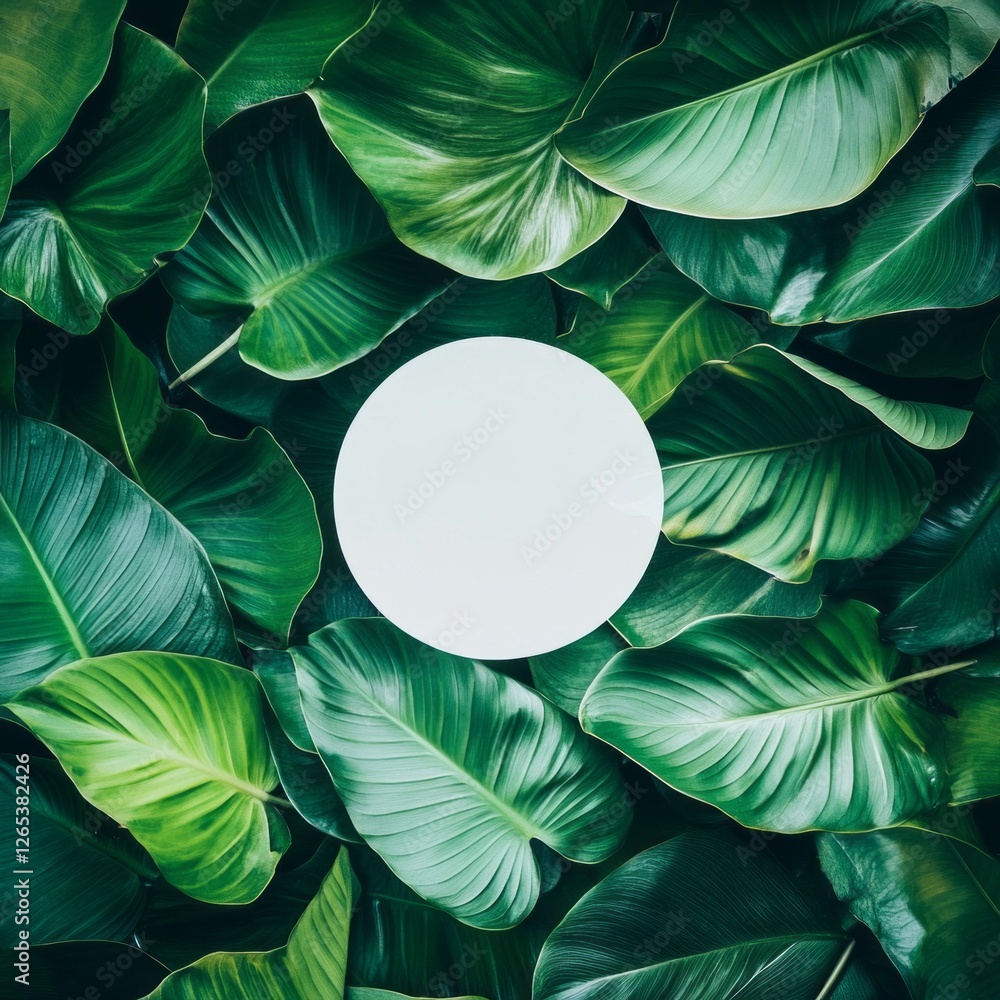 Poster surrounded by an array of rich green leaves, a calm white circle sits at the center, providing a str