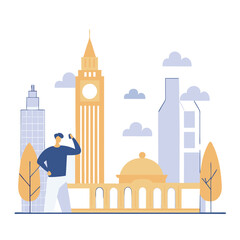 This illustration features a European man admiring a skyline with iconic buildings, in a flat cartoon style. The scene depicts a blend of modern architecture and nature.