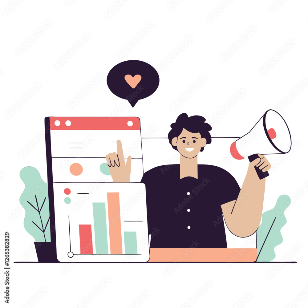 Poster an illustration depicting a diverse individual presenting data in a modern workspace, emphasizing co
