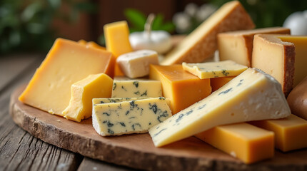 Assortment of cheese on wooden table, closeup. Dairy products. Cheese Selection. Large assortment of international cheese specialities.
