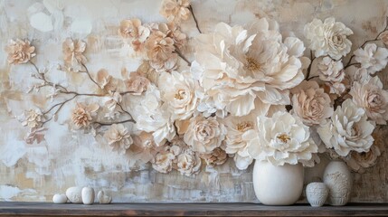 Cream colored flowers in vase on textured wall