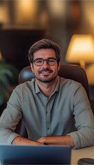 Obraz premium Confident Young Professional Man Smiling at Desk in Modern Office Setting with Laptop