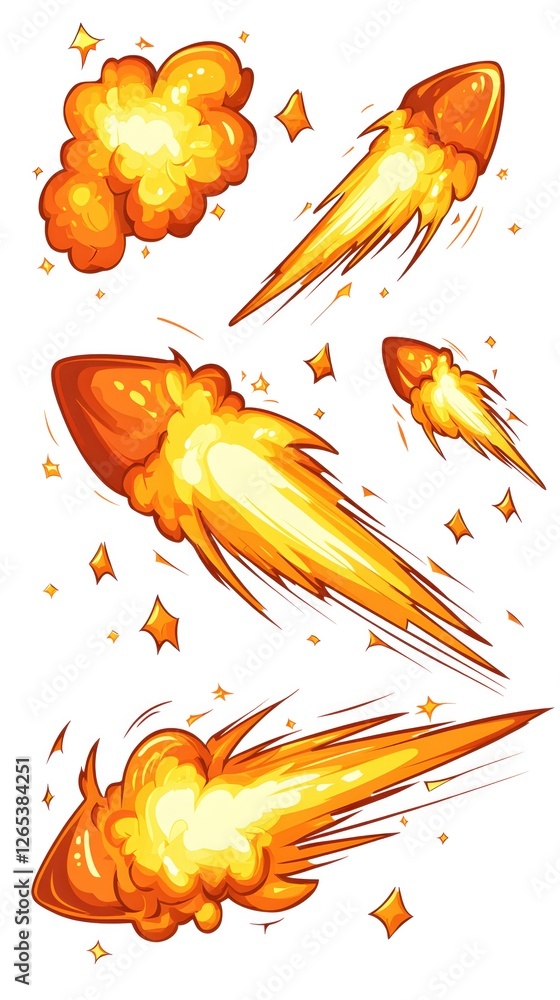 Poster dynamic cartoon fireball collection with speed lines and sparkles on white background