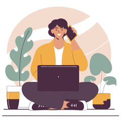 Fototapeta premium A European person is sitting cross-legged at home, talking on a phone while surrounded by plants and using a laptop. The atmosphere is calm and cozy.
