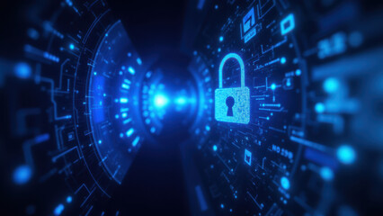 Obraz premium A digital illustration featuring a glowing lock icon surrounded by a cybernetic background, representing cybersecurity and internet security.
