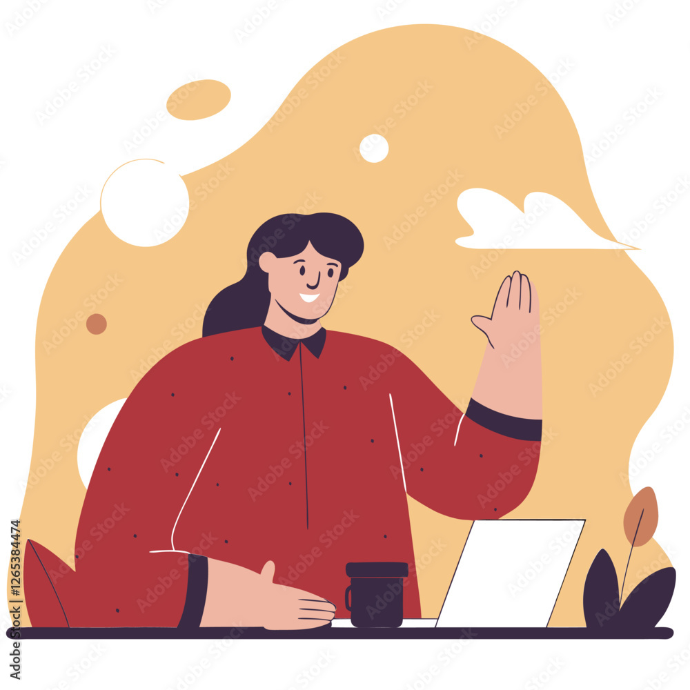 Poster a friendly person waves while sitting in front of a laptop. the character has a light-skinned appear