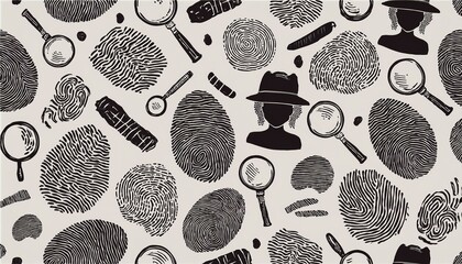 Detective seamless pattern. Hand drawn sketch doodle style crime background. Footprint, fingerprint, magnifier detective investigation pattern. perfect any project.