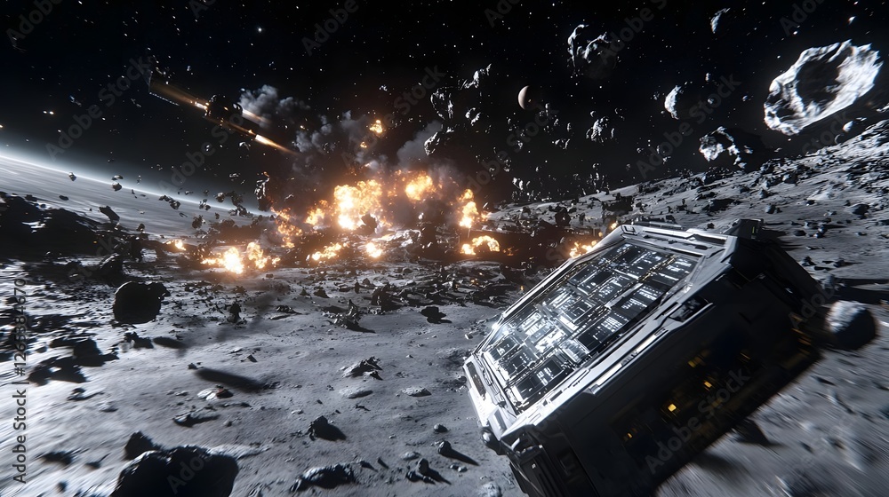 Poster space scene depicting an asteroid field with an explosion in the background and a spacecraft in the 