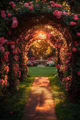 Stunning garden archway covered in climbing roses, illuminated by warm sunset light.