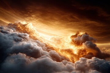 This breathtaking image captures a majestic sunset with rich fiery hues, framed by dramatic clouds that exhibit the beauty and complexity of nature.