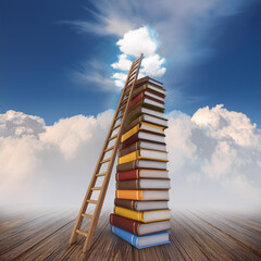 Wooden Ladder Reaching to Sky Filled with Books