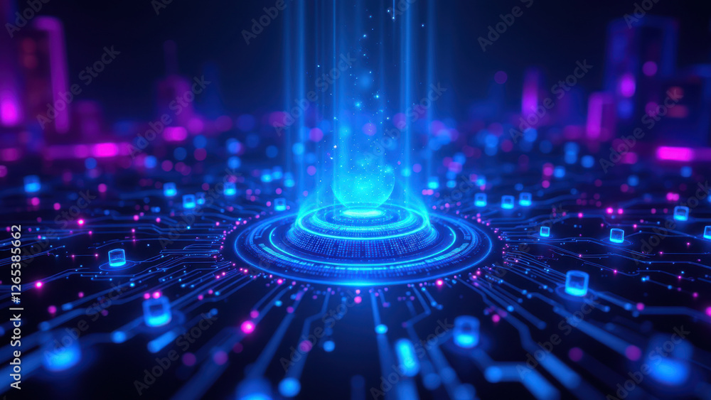 Poster cybersecurity digital abstract graphic with glowing nodes and circuit board motif.